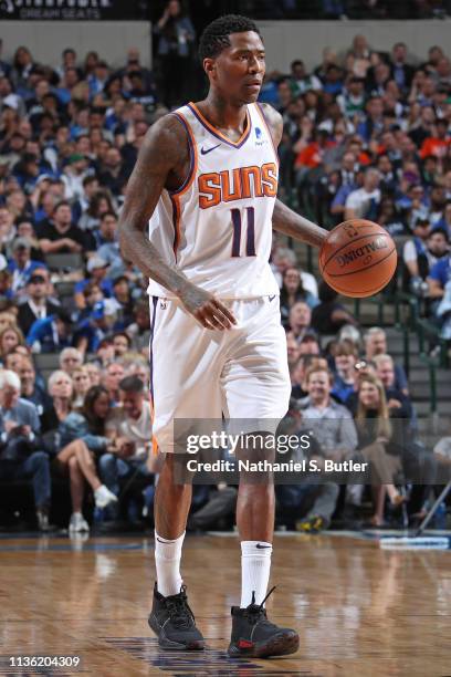 Jamal Crawford of the Phoenix Suns handles the ball against the Dallas Mavericks on April 9, 2019 at American Airlines Center in Dallas, TX. NOTE TO...