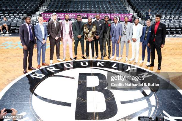 The Miami Heat pose in center court prior to the game against the Brooklyn Nets on April 10, 2019 at Barclays Center in Brooklyn, New York. NOTE TO...