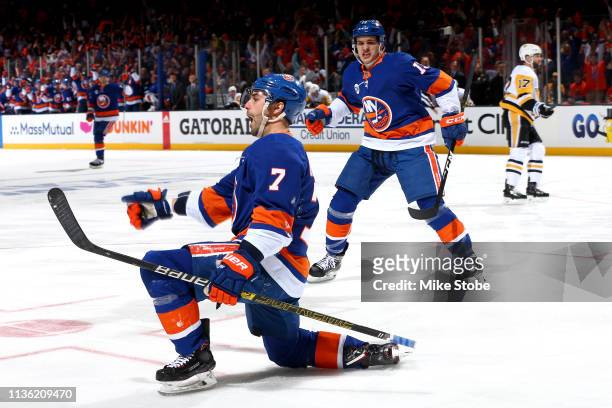 Jordan Eberle of the New York Islanders celebrates after scoring a first period goal against the Pittsburgh Penguins in Game One of the Eastern...