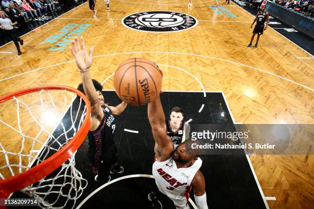 Jarrett Allen of the Brooklyn Nets blocks the shot against Dwyane Wade of the Miami Heat on April 10, 2019 at Barclays Center in Brooklyn, New York....