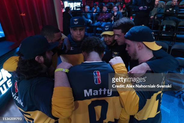 The Pacers Gaming huddles before the game during the game against Jazz Gaming on April 10, 2019 at the NBA 2K Studio in Long Island City, New York....