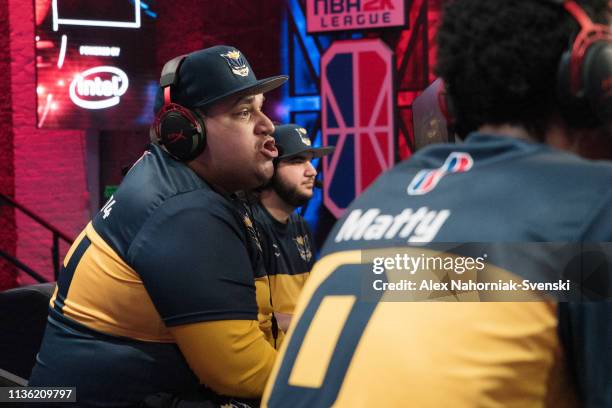 WoLF 74 of Pacers Gaming reacts to a play during the game against Jazz Gaming on April 10, 2019 at the NBA 2K Studio in Long Island City, New York....