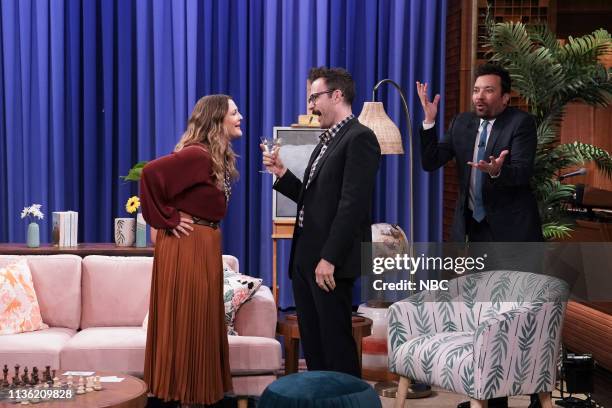 Episode 1045 -- Pictured: Actress Drew Barrymore and host Jimmy Fallon during "Catalog Photo Shoot" on April 10, 2019 --