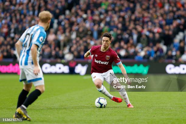 Samir Nasri of West Ham United during the Premier League match between West Ham United and Huddersfield Town at London Stadium on March 16, 2019 in...