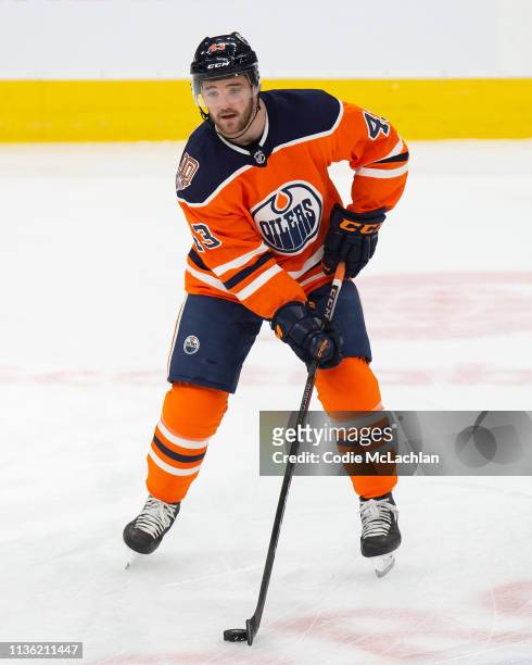 Josh Currie of the Edmonton Oilers skates against the New York Rangers at Rogers Place on March 11, 2019 in Edmonton, Alberta, Canada.