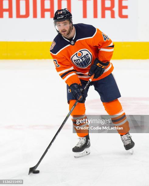 Josh Currie of the Edmonton Oilers skates against the New York Rangers at Rogers Place on March 11, 2019 in Edmonton, Alberta, Canada.