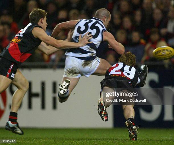Paul Chapman for the Cats scores a goal despite the efforts of Danny Jacobs and Gary Moorcroft for the Bombers during the round 16 AFL match between...