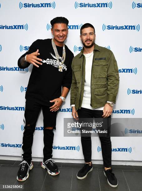 Personalities DJ Pauly D and Vinny Guadagnino visit SiriusXM Studios on April 10, 2019 in New York City.