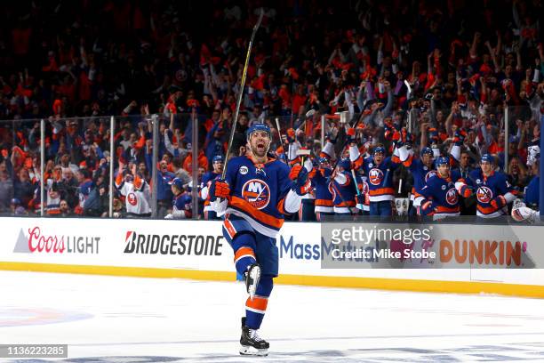 Nick Leddy of the New York Islanders celebrates his third period goal against the Pittsburgh Penguins in Game One of the Eastern Conference First...