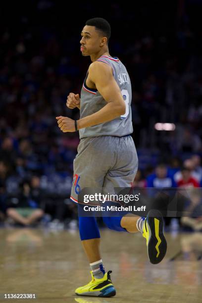 Zhaire Smith of the Philadelphia 76ers runs up the court against the Chicago Bulls in the third quarter at the Wells Fargo Center on April 10, 2019...