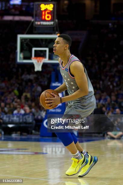 Zhaire Smith of the Philadelphia 76ers controls the ball against the Chicago Bulls in the third quarter at the Wells Fargo Center on April 10, 2019...