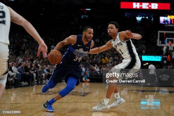 Devin Harris of the Dallas Mavericks handles the ball against the San Antonio Spurs on April 10, 2019 at the AT&T Center in San Antonio, Texas. NOTE...