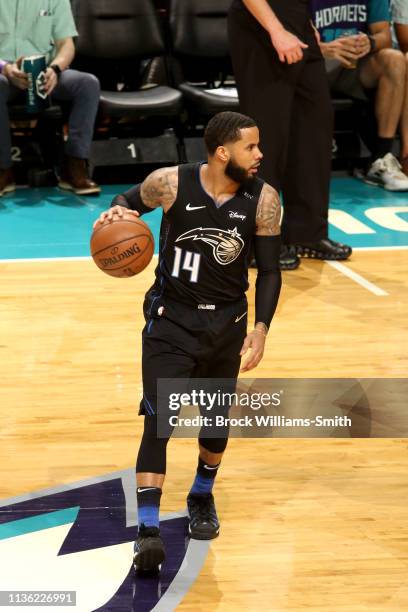Augustin of the Orlando Magic handles the ball during the game against the Charlotte Hornets on April 10, 2019 at Spectrum Center in Charlotte, North...