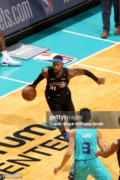 Terrence Ross of the Orlando Magic handles the ball during the game against the Charlotte Hornets on April 10, 2019 at Spectrum Center in Charlotte,...