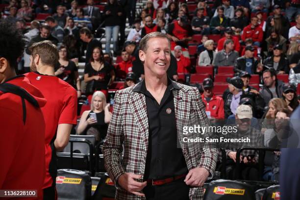 Head Coach Terry Stotts of the Portland Trail Blazers smiles prior to a game against the Sacramento Kings on April 10, 2019 at the Moda Center Arena...