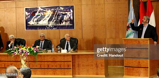 In this handout image provided by PPM, Exiled Leader of Hamas, Khaled Mashaal speaks during a meeting of members of Fatah and Hamas on May 4, 2011 in...