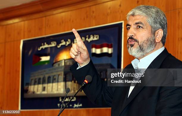 In this handout image provided by PPM, Exiled Leader of Hamas, Khaled Mashaal speaks during a meeting of members of Fatah and Hamas on May 4, 2011 in...