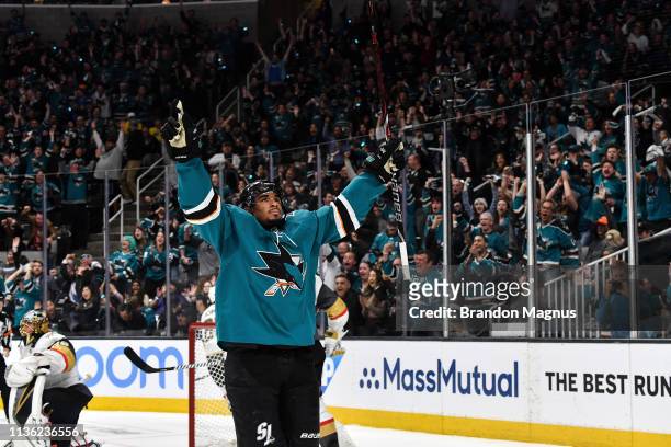 Evander Kane of the San Jose Sharks celebrates a goal against the Vegas Golden Knights in Game One of the Western Conference First Round during the...