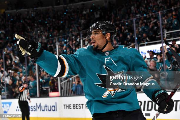 Evander Kane of the San Jose Sharks celebrates a goal against the Vegas Golden Knights in Game One of the Western Conference First Round during the...