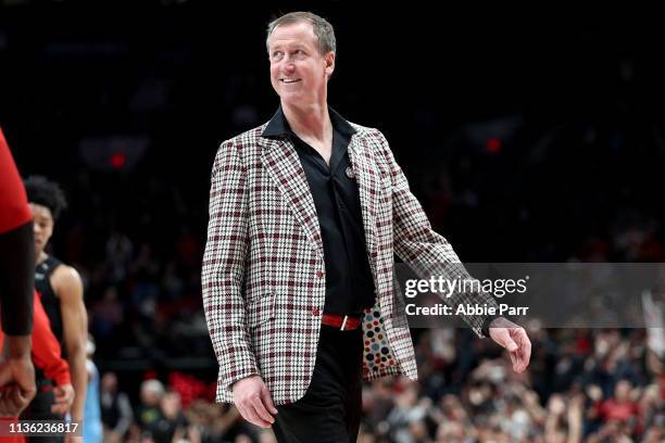 Terry Stotts of the Portland Trail Blazers reacts against the Sacramento Kings in the fourth quarter during their game at Moda Center on April 10,...