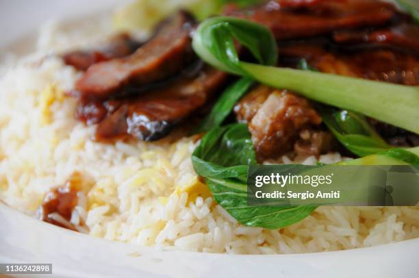 chinese barbecue pork (char siu) and bok choy rice bowl - close up of bok choy bildbanksfoton och bilder