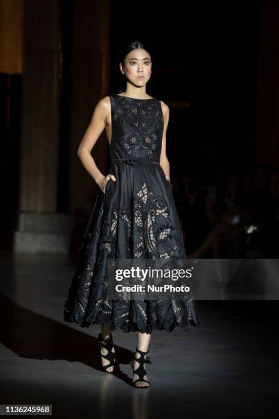 Model with a CABURE Hugo Vazquez design during the MADRID BRIDAL FASHION WEEK show in Madrid, Spain. April 10, 2019