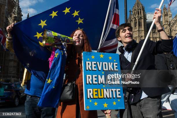 Pro-EU demonstrators protest outside the Houses of Parliament on 10 April, 2019 in London, England. Today, Prime Minister Theresa May is due to...