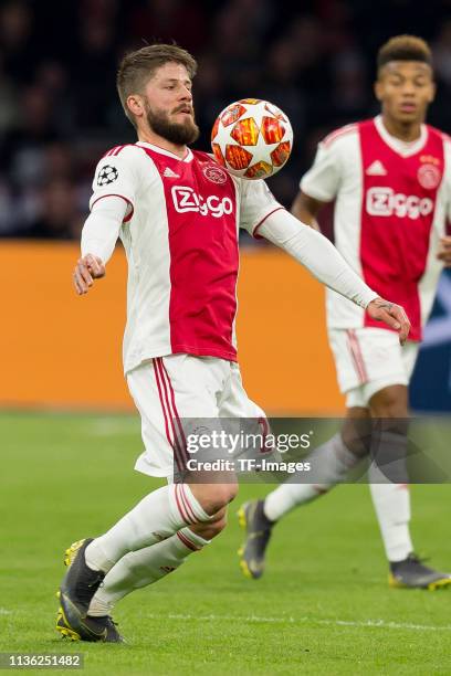 Lasse Schoene of Ajax Amsterdam controls the ball during the UEFA Champions League Quarter Final first leg match between Ajax and Juventus at Johan...