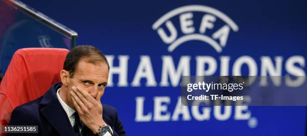 Head coach Massimiliano Allegri of Juventus looks on prior to the UEFA Champions League Quarter Final first leg match between Ajax and Juventus at...