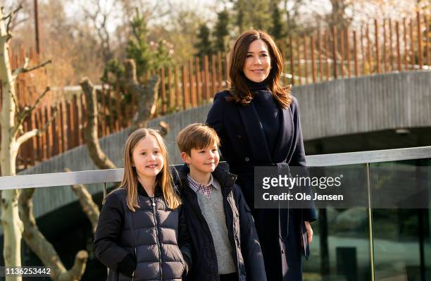 Crown Princess Mary of Denmark together with her twins Prince Vincent and Princess Josephine takes a morning walk in Copenhagen Zoo as the zoo opens...