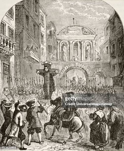 Daniel Defoe 1660 to 1731 English novelist and journalist in the pillory at Temple Bar. From The National and Domestic History of England by William...