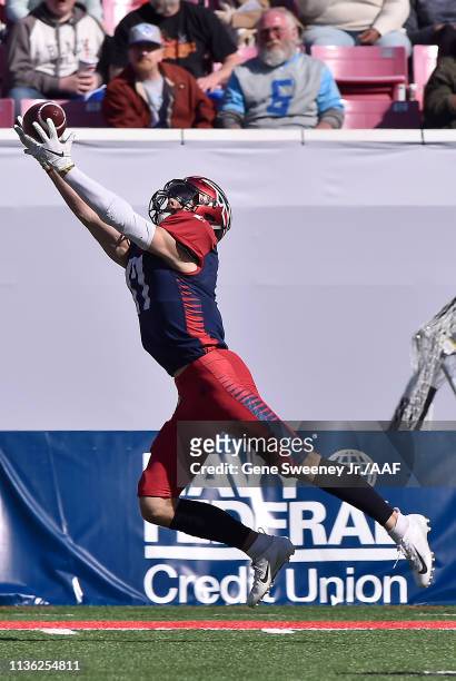 Reece Horn of the Memphis Express reaches for a pass as they play against the Salt Lake Stallions during the third quarter at Rice Eccles Stadium on...