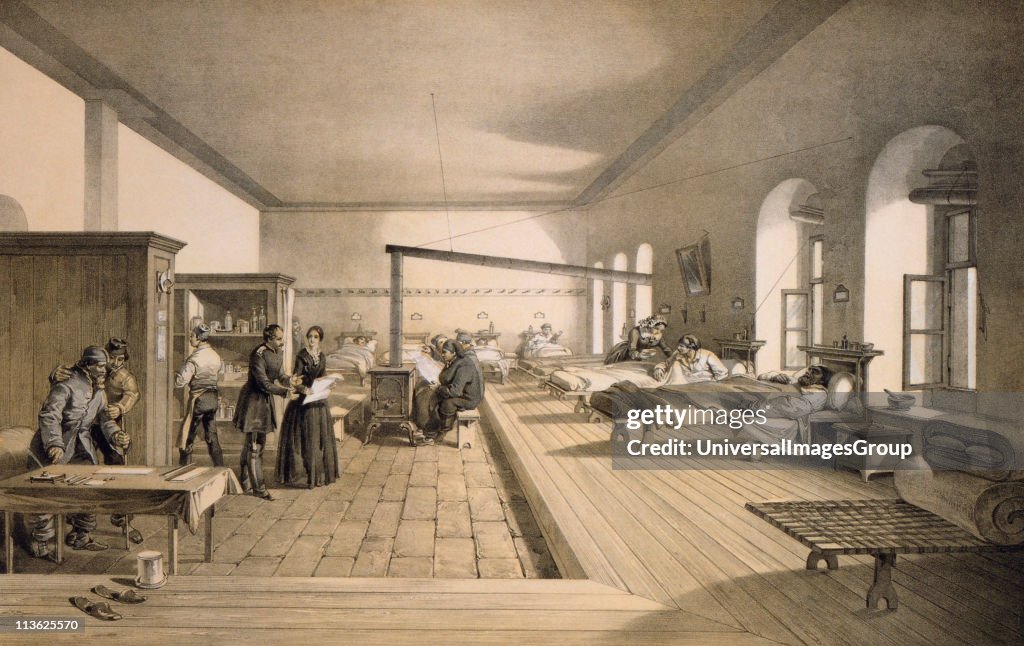 Florence Nightingale in one of the wards of the hospital at Scutari From print published 1856 after a picture by William Simpson lithograph by E.Walker...
