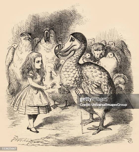 The Dodo solemnly presents Alice with a thimble Illustration by John Tenniel from the book Alices's Adventures in Wonderland by Lewis Carroll...