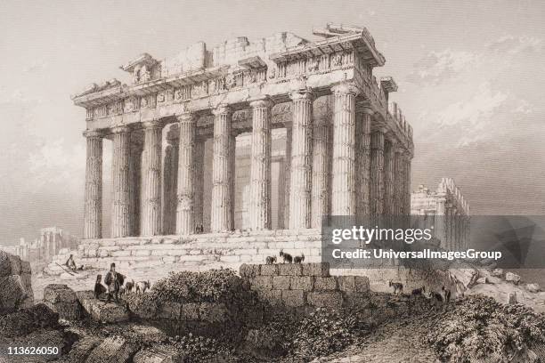 The Parthenon at Athens, Greece. Engraved by E. Challis after W.H. Bartlett.