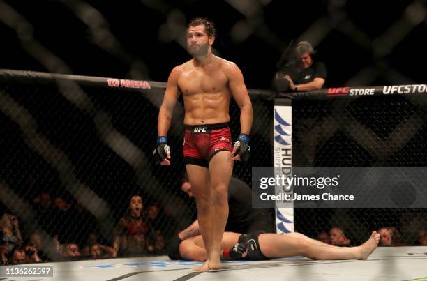 Jorge Masvidal celebrates after knocking out Darren Till during the Welterweight bout between Darren Till and Jorge Masvidal at The O2 Arena on March...