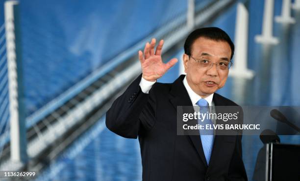 Prime minister of People's Republic of China, Li Keqiang, speaks during his visit to the construction site of the bridge connecting the Croatian...