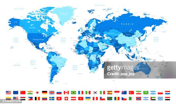 world map and most popular flags - borders, countries and cities - vector illustration - most popular flag icon stock illustrations