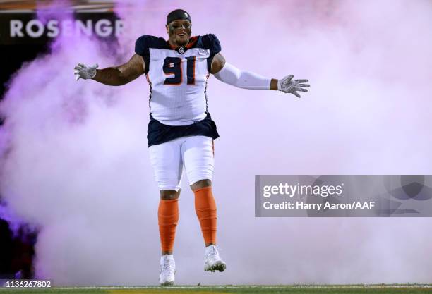 Jerel Worthy of the Orlando Apollos takes the field during player introductions before the Alliance of American Football game against the Arizona...