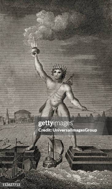 The Colossus of Rhodes. Engraved by Angus. From the book "The Gallery of Nature and Art" volume II. Published London c.1823.