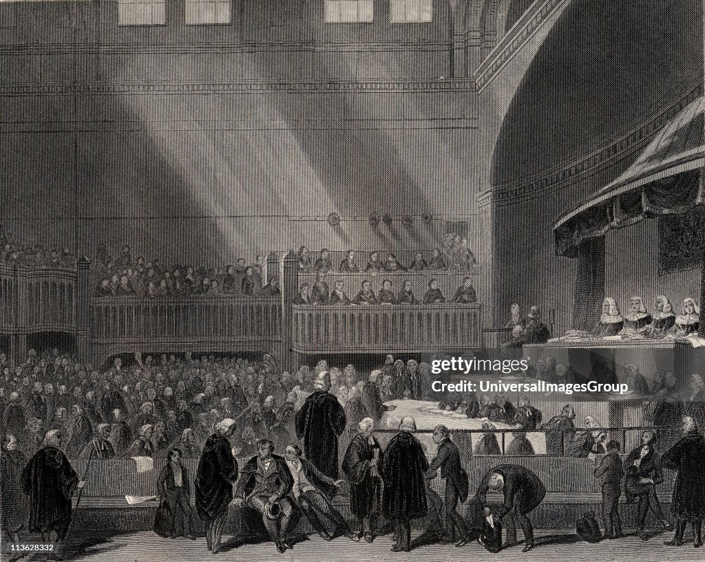 The Trial of Daniel O'Connell M.P. February 1844, O'Connell leaving the hall after his trial. Drawn by H.Warren, engraved by J.Rogers.