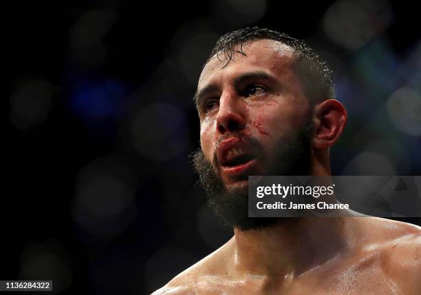 Dominick Reyes looks on after the Light Heavyweight bout between Dominick Reyes and Volkan Oezdemir at The O2 Arena on March 16, 2019 in London,...