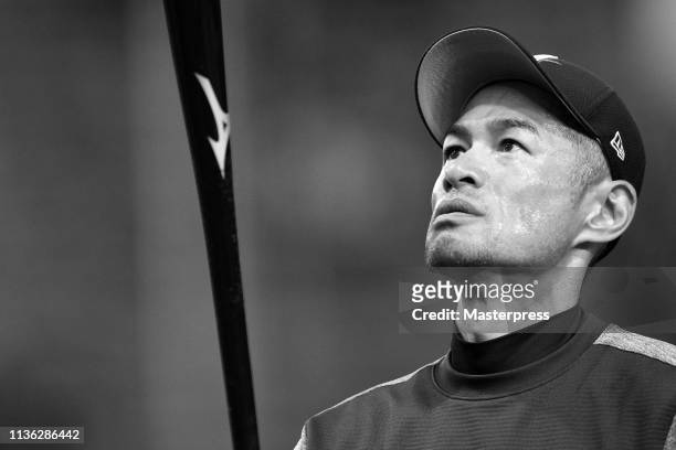 Outfielder Ichiro Suzuki of the Seattle Mariners warms up during a practice session ahead of the game between the Yomiuri Giants and Seattle Mariners...