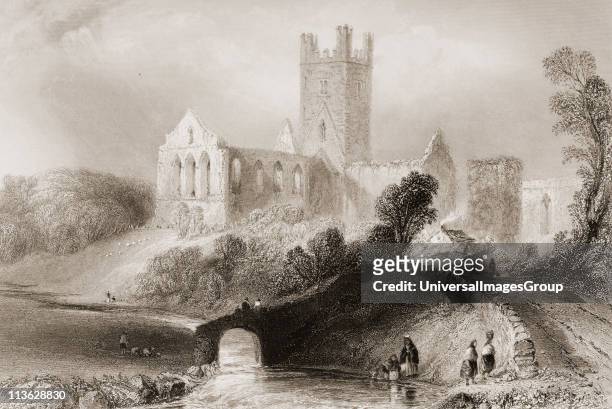 Jerpoint Abbey, Thomastown, County Kilkenny, Ireland. Drawn by W.H.Bartlett, engraved by C. Cousen. From 'The Scenery and Antiquities of Ireland' by...