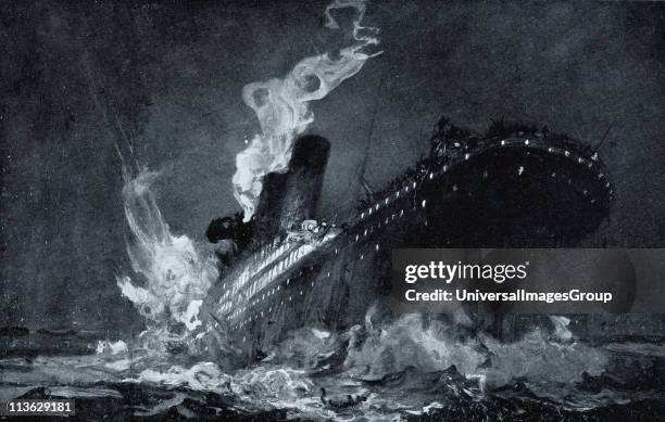 The 46,328 tons RMS Titanic of the White Star Line sinking around 2:20 AM Monday morning April 15 after hitting iceberg in North Atlantic from...