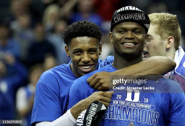 Teammates RJ Barrett and Zion Williamson of the Duke Blue Devils react after defeating the Florida State Seminoles 73-63 in the championship game of...