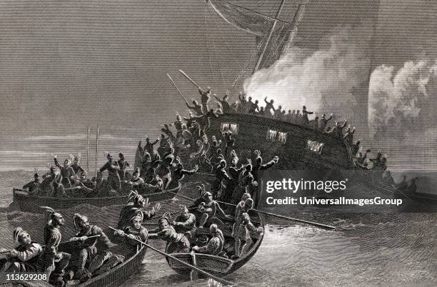 Destruction of the schooner Gaspe in the waters of Rhode Island 1772 Engraved by J Rogers after J McNevin