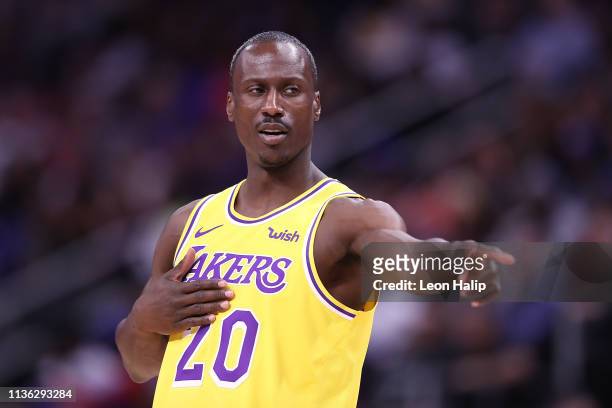 Andre Ingram of the Los Angeles Lakers looks to the sidelines during the second quarter of the game against the Detroit Pistons at Little Caesars...