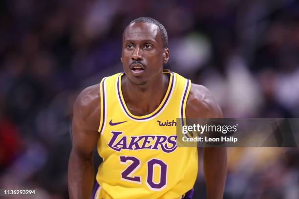 Andre Ingram of the Los Angeles Lakers looks to the sidelines during the second quarter of the game against the Detroit Pistons at Little Caesars...