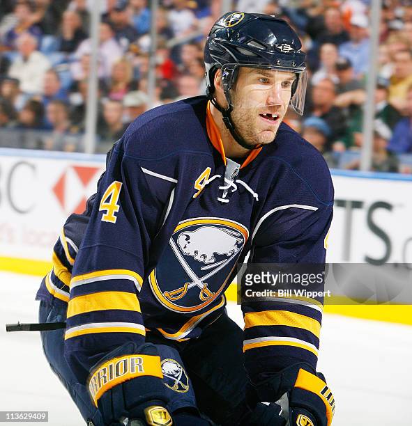 Steve Montador of the Buffalo Sabres defends against the Philadelphia Flyers in Game Six of the Eastern Conference Quarterfinals during the 2011 NHL...